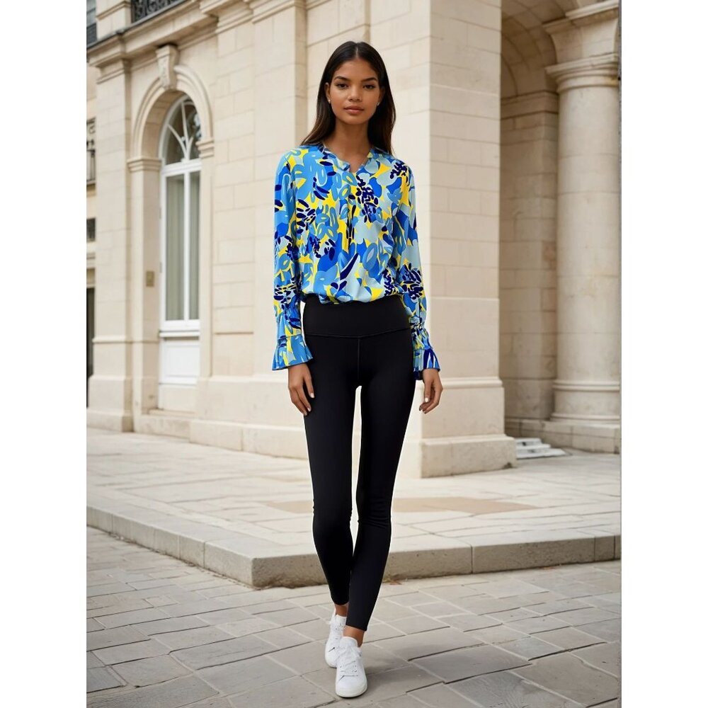 Estee Brown Dopamine Bright Floral Long-Sleeve Blouse flounce Cuffs V-Neckline M